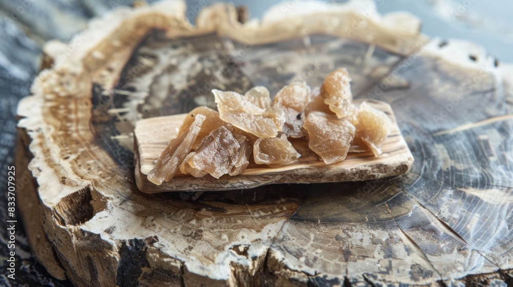 A pile of small, brown rocks sits on a wooden log