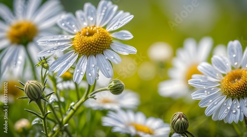 Summer meadow close-up, chamomile flowers, dewdrops. uplifting macro nature photography concept.