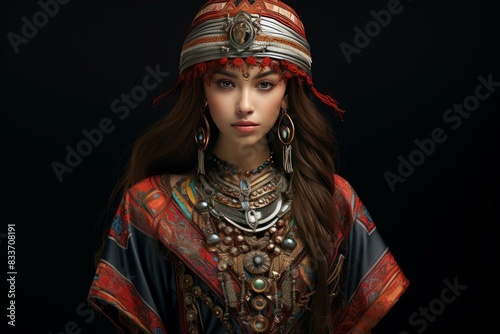 Captivating portrait of a young bohemian woman adorned in tribal jewelry, exuding elegance and allure with her intense gaze and fierce, mysterious beauty