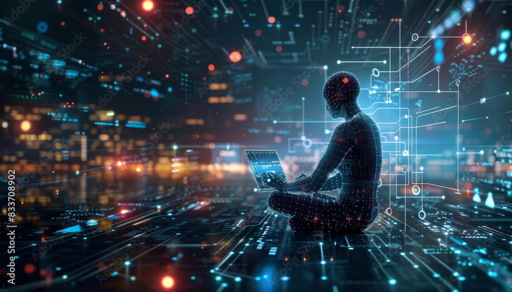 A man is sitting on the ground with a laptop in front of him by AI generated image A man is sitting on the ground with a laptop in front of him by AI generated image