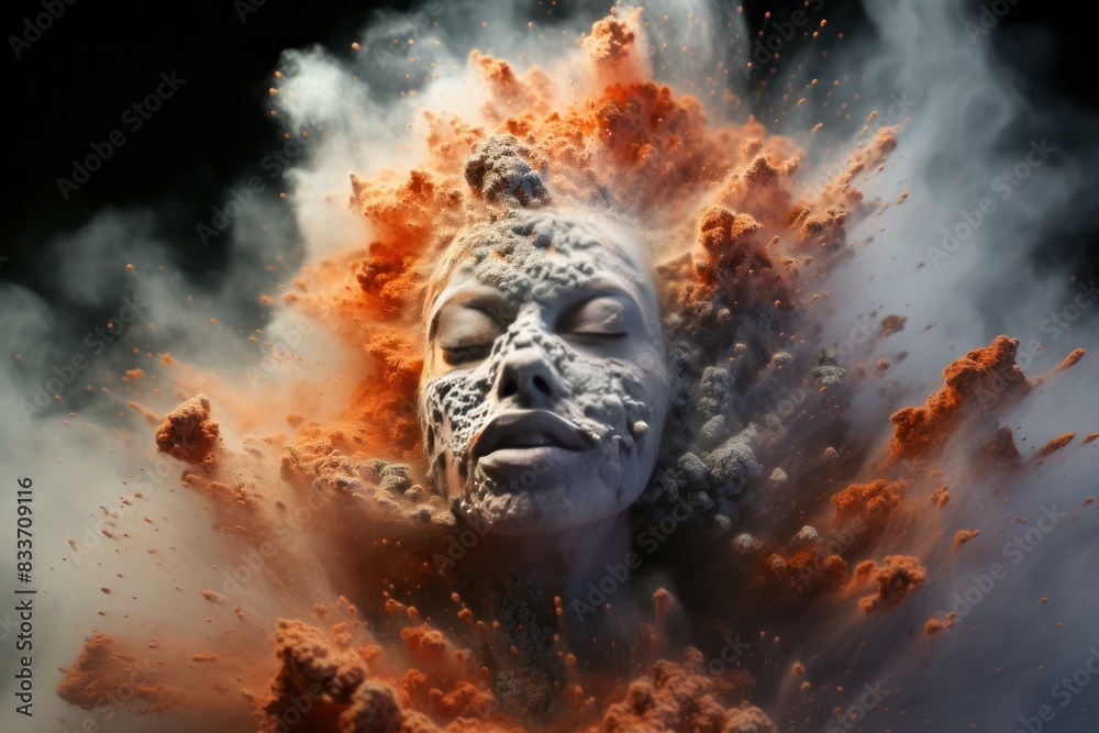 Intense portrait of a model with an explosion of orange powder creating a dynamic effect Intense portrait of a model with an explosion of orange powder creating a dynamic effect