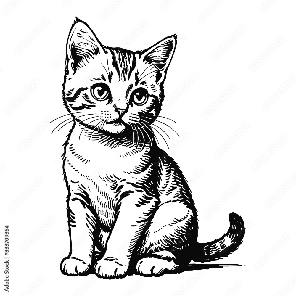 Obraz premium British Shorthair Cat Kitten Hand Drawn Engraved Ink Line Art Sketch Illustration