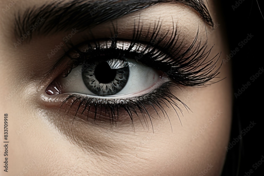Obraz premium Macro photograph showcasing a detailed and beautiful female eye with dramatic eyelashes