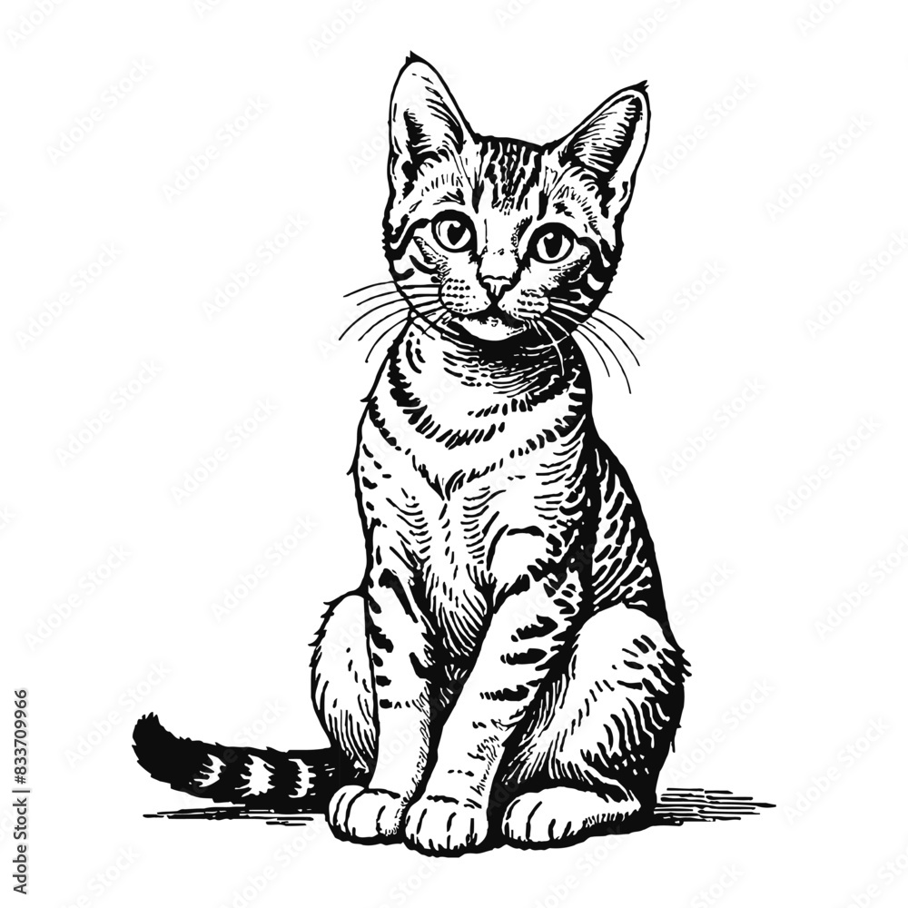 Obraz premium Egyptian Mau Cat Kitten Hand Drawn Engraved Ink Line Art Sketch Illustration