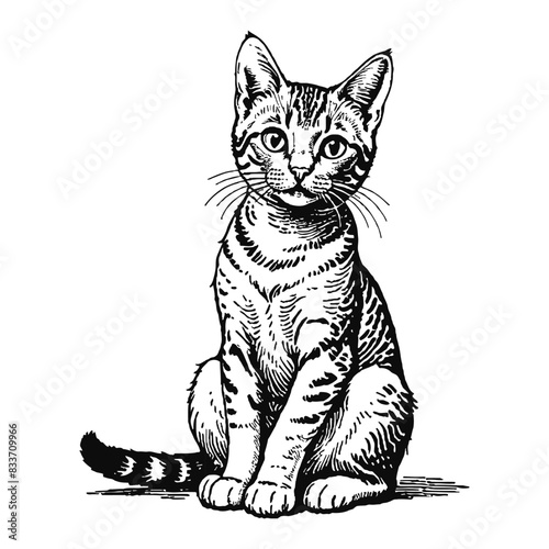 Egyptian Mau Cat Kitten Hand Drawn Engraved Ink Line Art Sketch Illustration