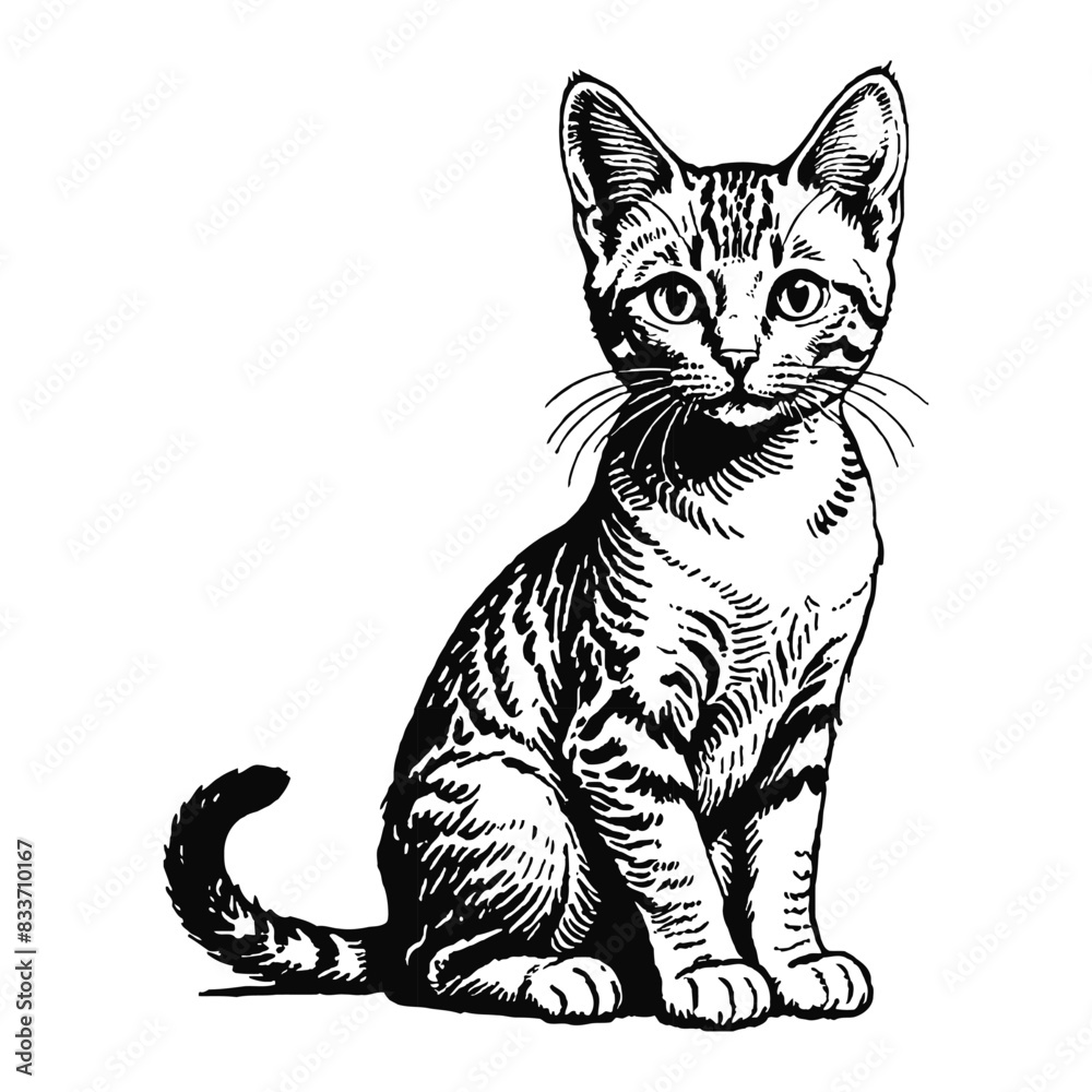 Obraz premium Egyptian Mau Cat Kitten Hand Drawn Engraved Ink Line Art Sketch Illustration