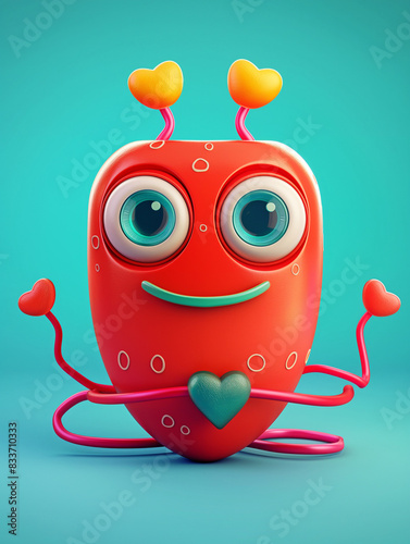 whimsical cartoon red Heart abstract design on green background 3d render