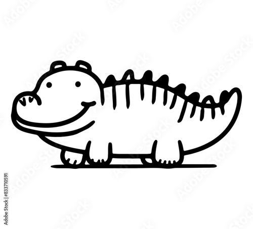 A playful black and white cartoon illustration of a smiling crocodile, ideal for children's projects and designs.