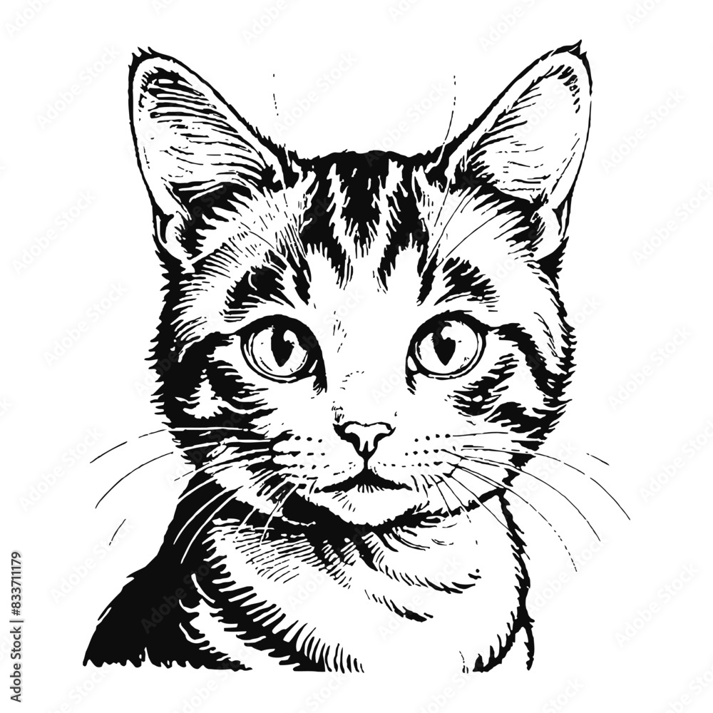 Obraz premium Japanese Bobtail Cat Kitten Hand Drawn Engraved Ink Line Art Sketch Illustration