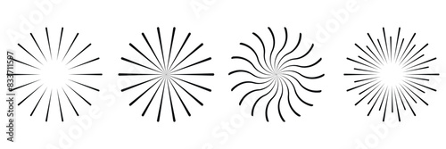  Radial circle lines. Circular radiating lines geometric element. Sun star rays symbol. Abstract geometric shapes. Design element. Vector illustration isolated on white background. EPS 10