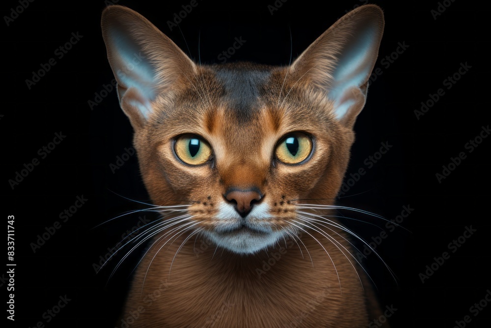 Fototapeta premium Portrait of a cute abyssinian cat in soft teal background