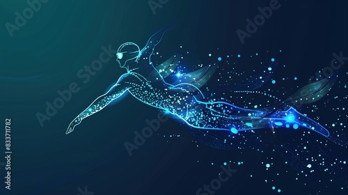 A glowing silhouette of an olympic swimmer swimming , green and blue hologram logo