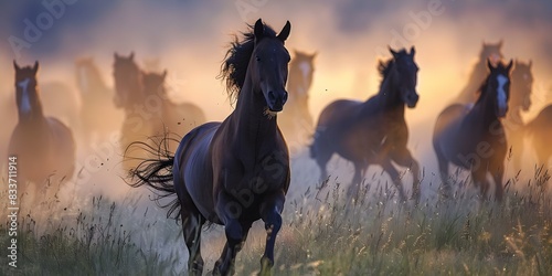 Horses galloping through a dusty field with a blurred background of more horses. Concept Horse Photography  Action Shots  Motion Blur  Dynamic Composition  Herd of Horses