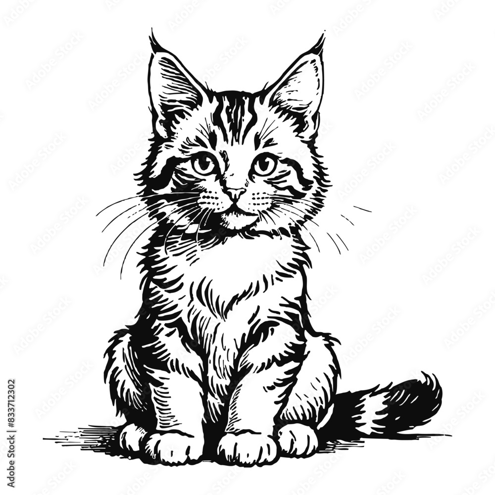 Maine Coon Cat Kitten Hand Drawn Engraved Ink Line Art Sketch Illustration Maine Coon Cat Kitten Hand Drawn Engraved Ink Line Art Sketch Illustration