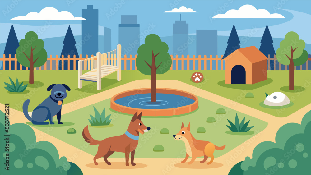 Fototapeta premium A new dog park has been established within the park providing a fencedin area for dogs to run play and socialize.. Vector illustration
