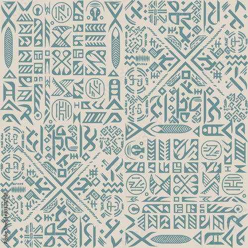 Occult Geometric Blue Witchcraft Seamless Pattern with magic symbols