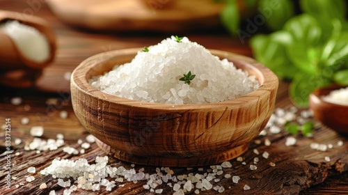 a wooden bowl containing celtic sea salt on a rustic table, symbolizing healthy eating with natural ingredients