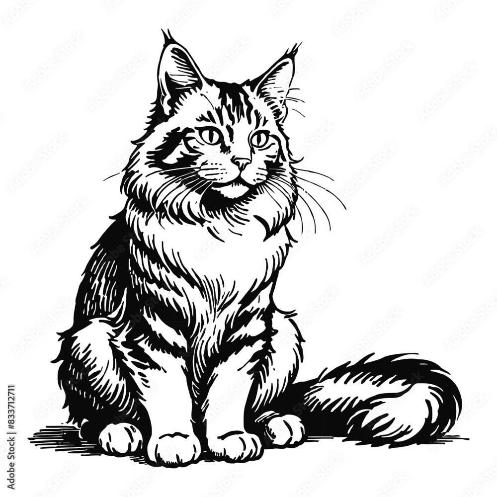 Maine Coon Cat Hand Drawn Engraved Ink Line Art Sketch Illustration Maine Coon Cat Hand Drawn Engraved Ink Line Art Sketch Illustration