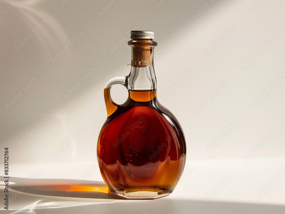 A bottle of maple syrup with a leaf on it. The bottle is made of glass and has a plain background A bottle of maple syrup with a leaf on it. The bottle is made of glass and has a plain background