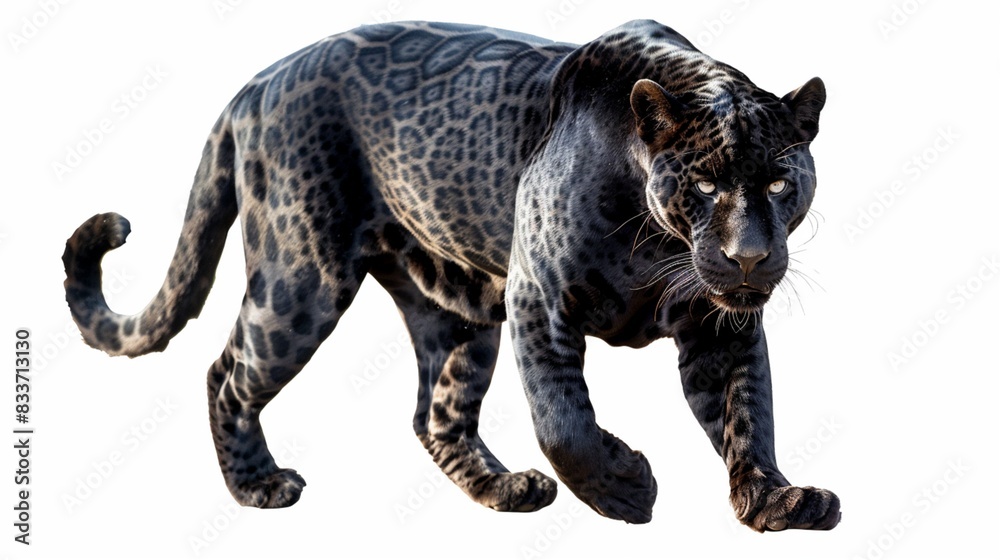 A sleek black jaguar, prowling against a transparent background, its powerful form captured in exquisite high definition.