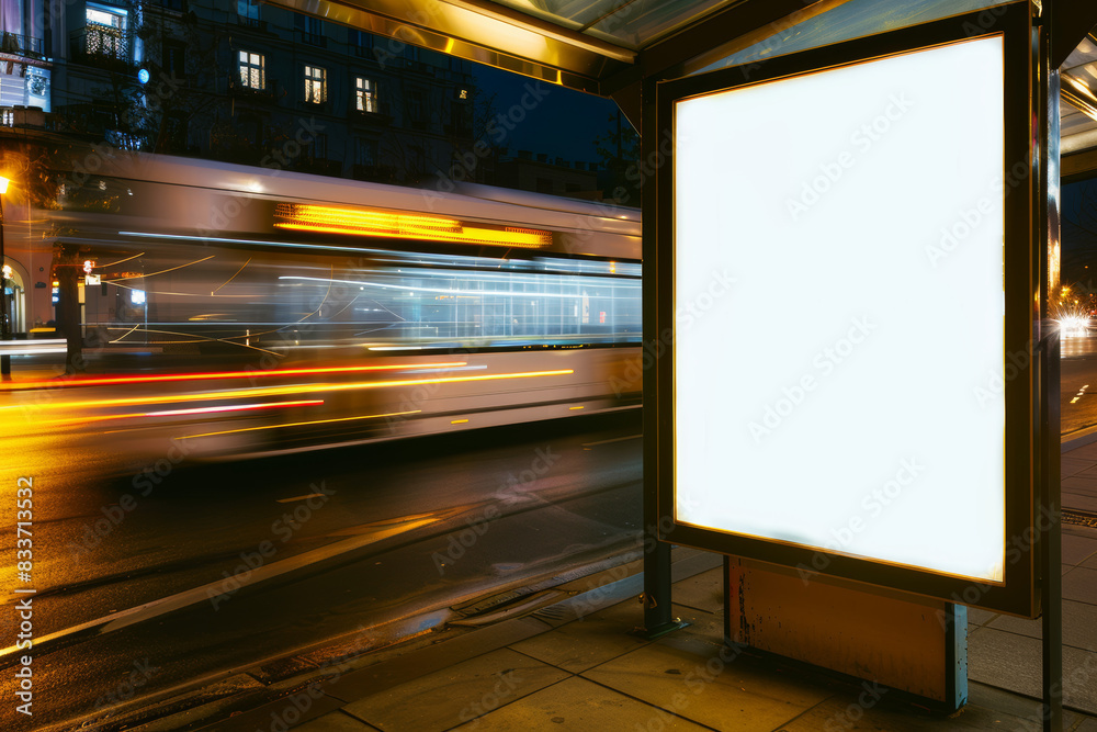 Blank advertising banner for your text or image. Bus stop, evening city. Blank advertising banner for your text or image. Bus stop, evening city.