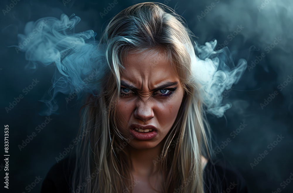 portrait of young angry woman with smoke coming out of her ears portrait of young angry woman with smoke coming out of her ears