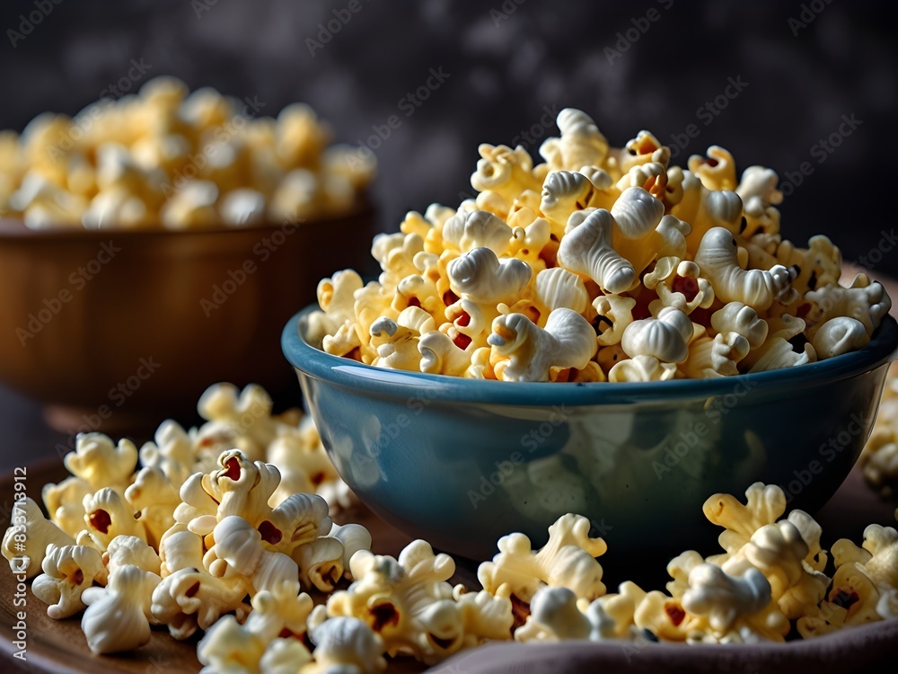 Buttered popcorn in a large bowl, perfect for movie night, salty and crunchy, generative AI Buttered popcorn in a large bowl, perfect for movie night, salty and crunchy, generative AI