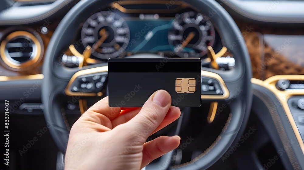 Minimalist Black Credit Card Held before Luxury Car Dashboard in High Detail Minimalist Black Credit Card Held before Luxury Car Dashboard in High Detail