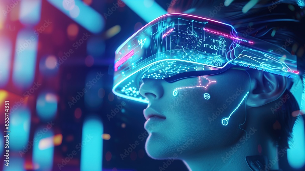A man wearing a high-tech futuristic VR glass, technological background A man wearing a high-tech futuristic VR glass, technological background