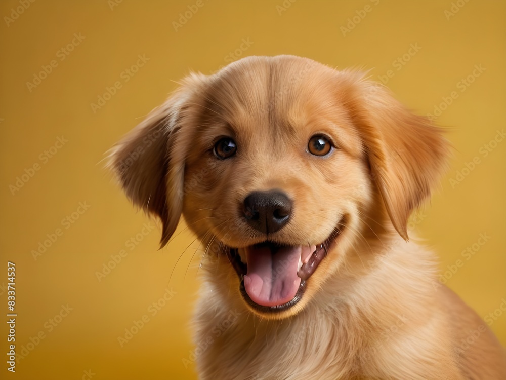 Fototapeta premium Portrait of a smiling puppy on a yellow background