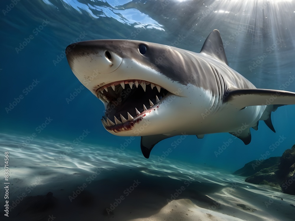 Naklejka premium Ocean shark bottom view from below. Open toothy dangerous mouth with many teeth. Underwater blue sea waves clear water shark swims forward