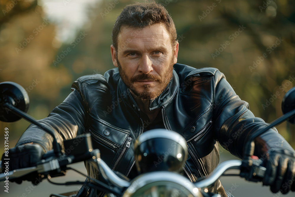 portrait of handsome man with leather jacket sitting on a motorcycle portrait of handsome man with leather jacket sitting on a motorcycle