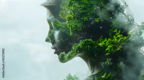 Photo realistic double exposure of an environmentalist merged with nature scenes, symbolizing environmental responsibility and conservation. Perfect for environmental and sustainab © Gohgah