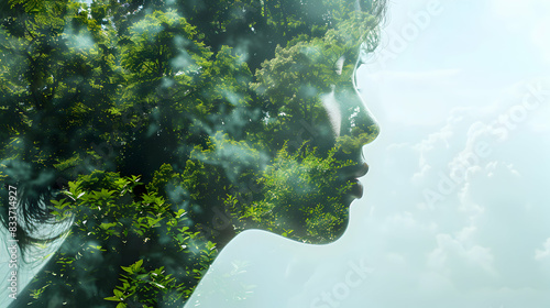Environmental Responsibility: Photo Realistic Double Exposure of an Environmentalist Profile Combined with Nature Scenes Symbolizing Conservation and Sustainability   Ideal for Env photo