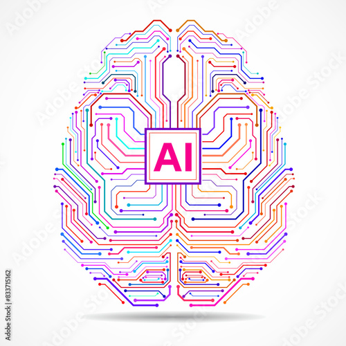 Abstract technological brain with Artificial Intelligence. Circuit board brain. Vector illustration