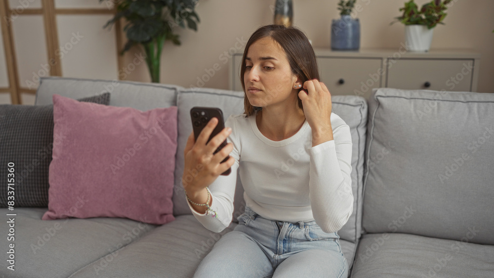 A young woman sitting on a couch in a living room, looking at her phone while adjusting her earring with a focused expression, set against a cozy backdrop of cushions and indoor plants.
