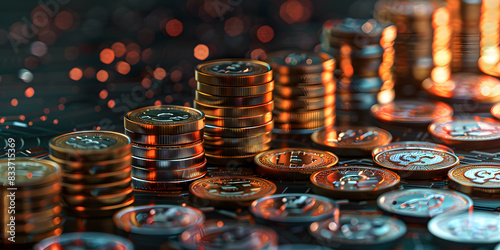 Imagen hiperrealista de monedas electronicas tipo en fondo desenfocado bokeh