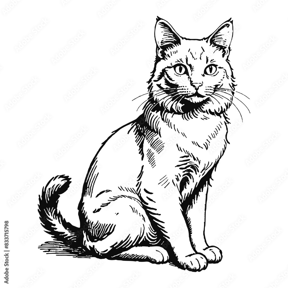 Nebelung Cat Hand Drawn Engraved Ink Line Art Sketch Illustration Nebelung Cat Hand Drawn Engraved Ink Line Art Sketch Illustration