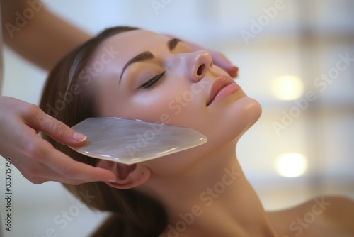 Tranquil young woman receives a relaxing gua sha massage, promoting skincare and wellness photo