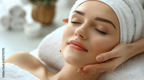 Professional Esthetician Performing Relaxing Facial Treatment Emphasizing Skincare Benefits. Great for Beauty and Skincare Advertisement. Photo Realistic Image in Adobe Stock Conce