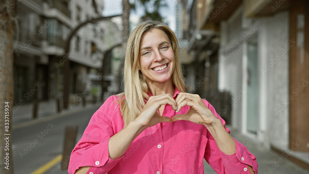 A smiling young caucasian woman making a heart shape with her hands on a serene city street. A smiling young caucasian woman making a heart shape with her hands on a serene city street.