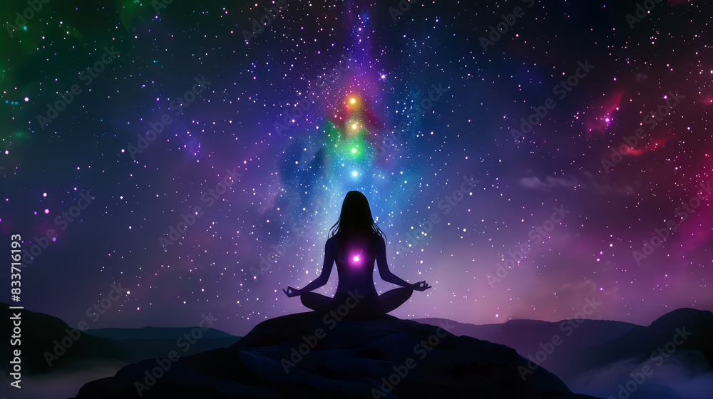 Woman in lotus position meditating, colorful and bokeh, outdoors at night Woman in lotus position meditating, colorful and bokeh, outdoors at night