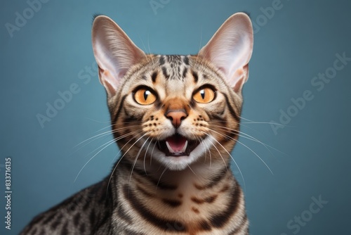 Portrait of a smiling ocicat cat in soft gray background