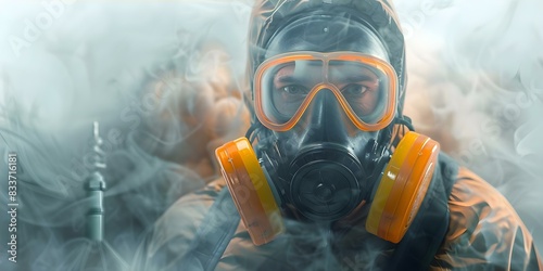 Closeup of man in gas mask against smok. Concept Closeup Photography, Man in Gas Mask, Smoke Background