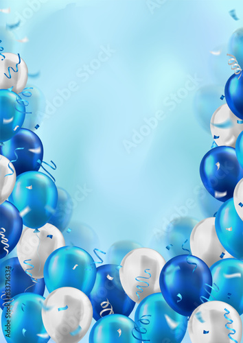 Vertical banner with 3d realistic blue and white glossy balloons and confetti decoration with blank space for greeting text. Poster for birthday, celebration party, sale, opening event, invitation