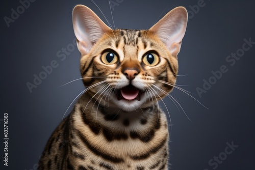 Portrait of a smiling ocicat cat over soft gray background © Markus Schröder