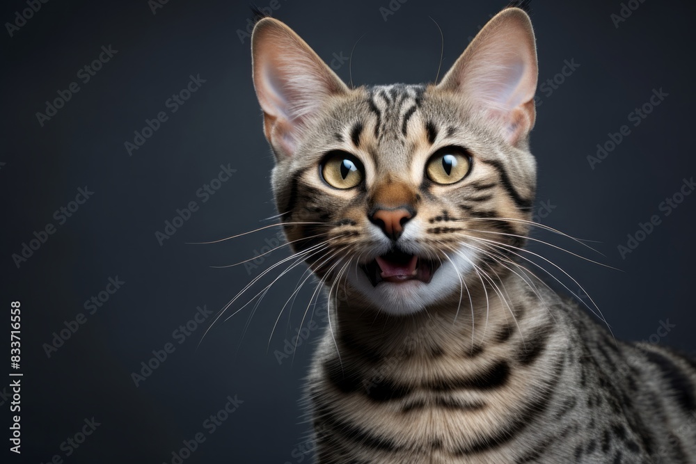 Portrait of a happy savannah cat on soft gray background Portrait of a happy savannah cat on soft gray background