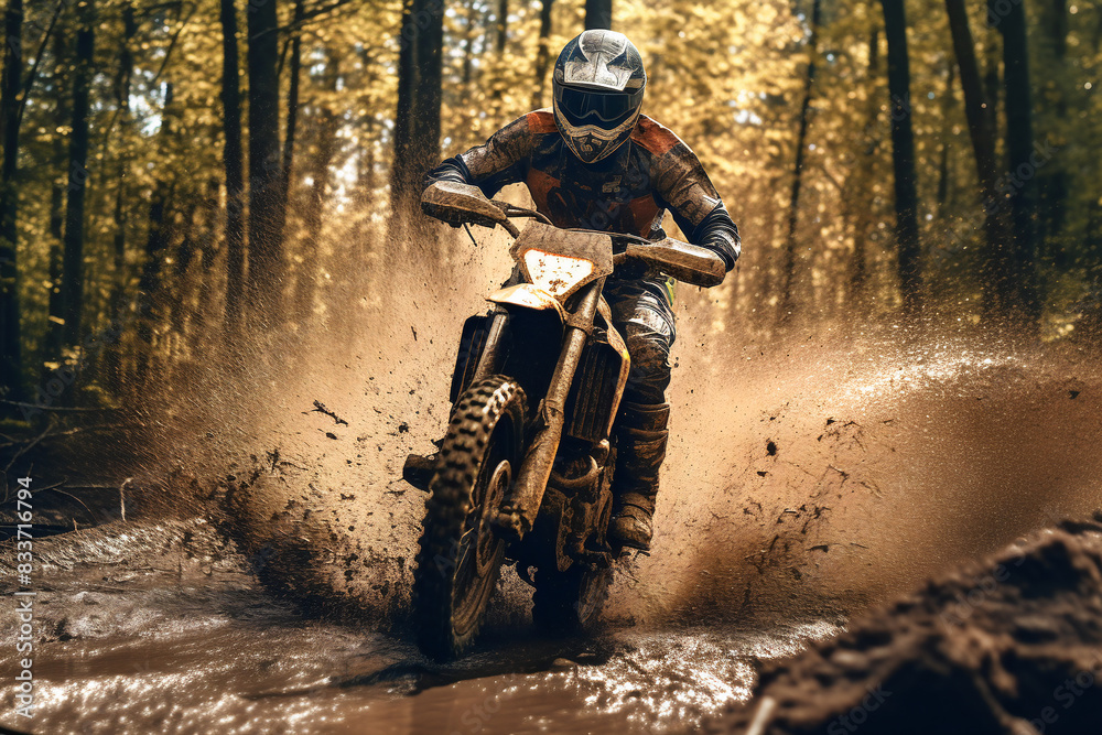 Rider on a dirt bike speeding through a muddy forest trail, creating a dramatic splash of dirt. Rider on a dirt bike speeding through a muddy forest trail, creating a dramatic splash of dirt.
