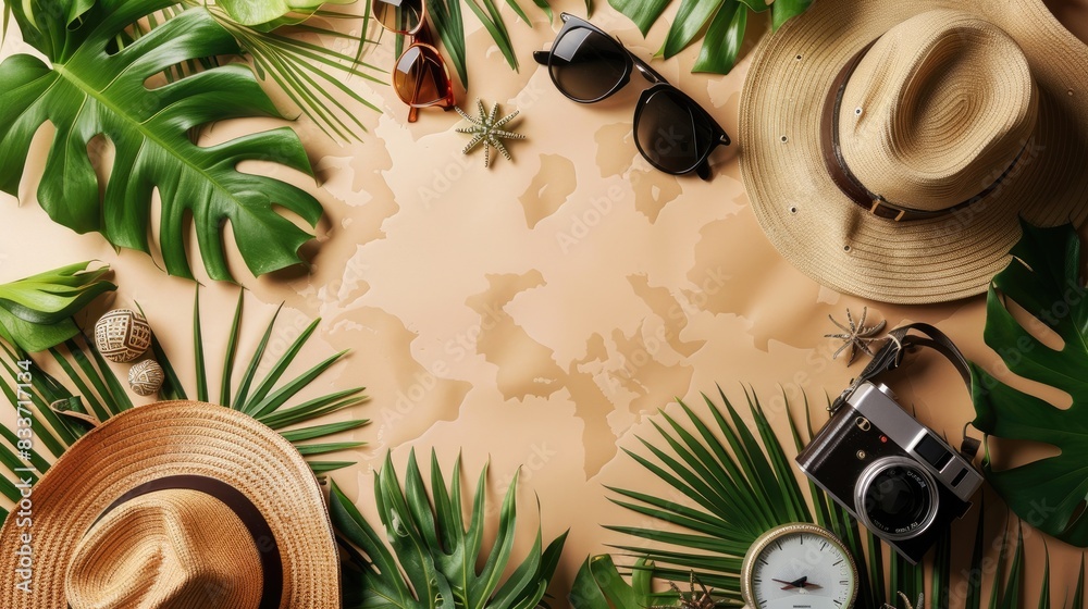 A layout featuring vacation equipment, including sunglasses and tropical decor, providing generous copy space. A layout featuring vacation equipment, including sunglasses and tropical decor, providing generous copy space.