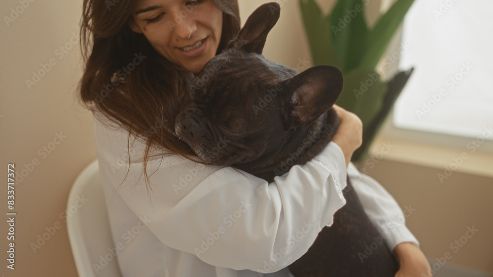 Obraz premium Young hispanic woman embracing her french bulldog in an indoor vet waiting room.